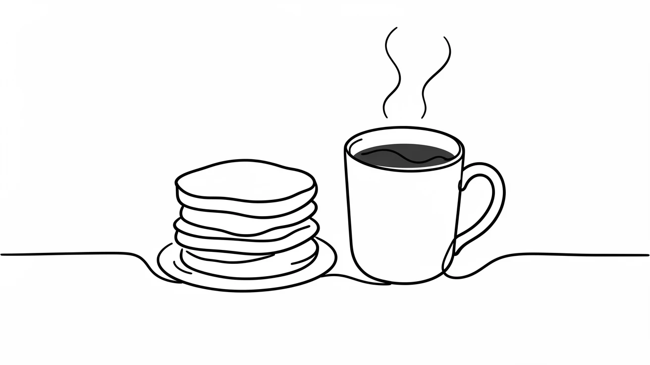A stack of pancakes and a mug of cocoa set on a kitchen table on a snowy morning