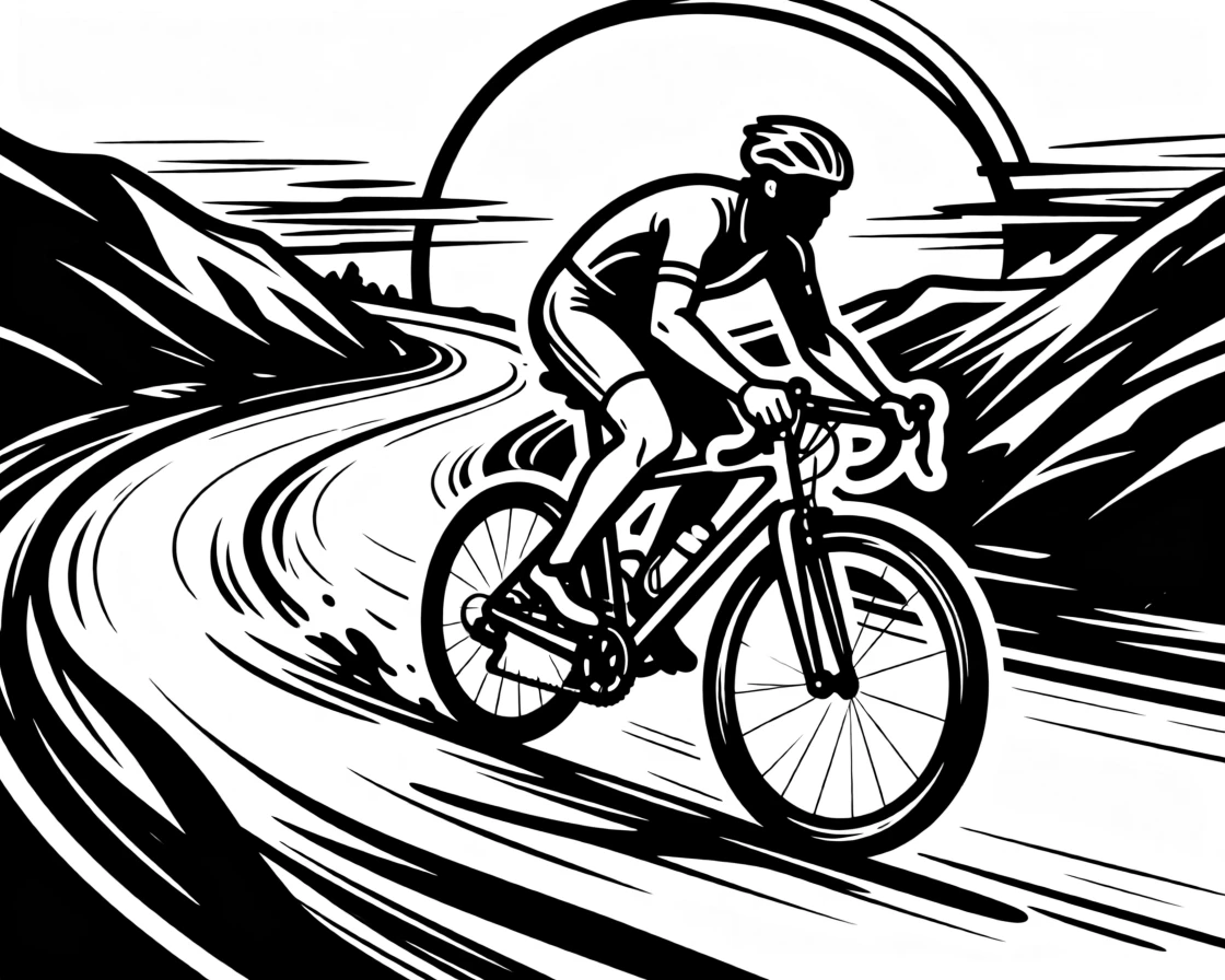 A cyclist racing down a winding mountain road at sunset.