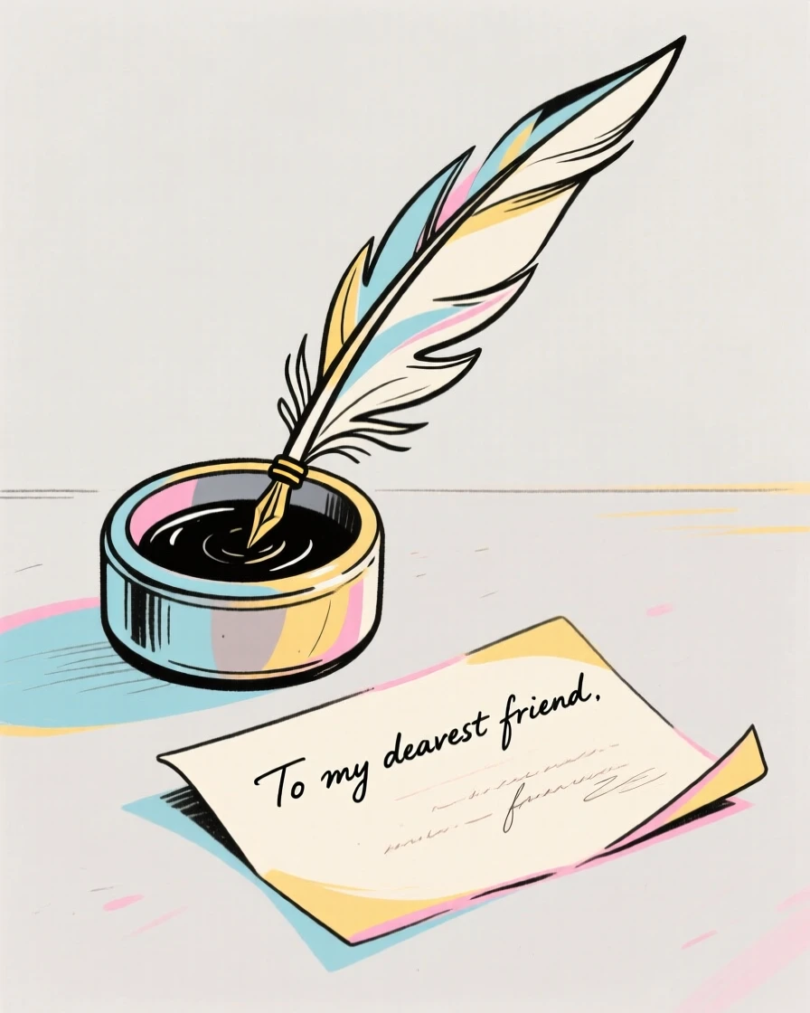 A quill pen resting in an inkwell beside a handwritten letter.