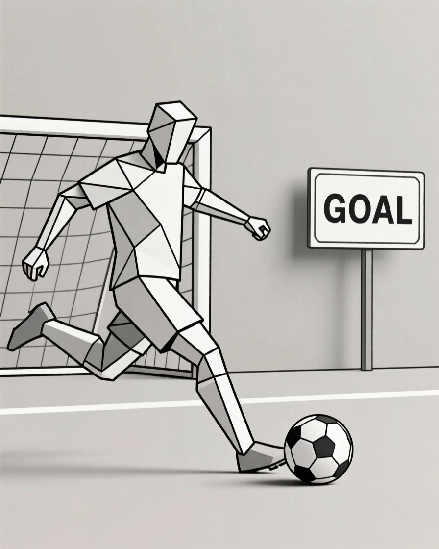 A soccer player kicking a ball toward the goal