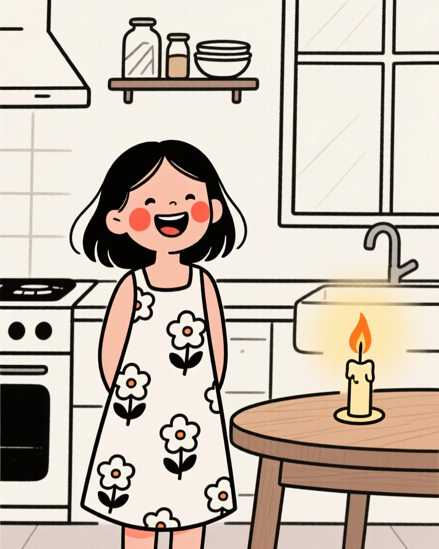 A little girl of Moroccan heritage in a floral summer dress, laughing joyfully, in a cozy candlelit kitchen.