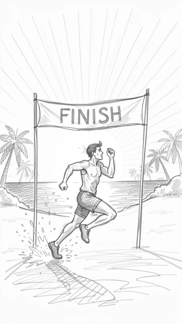 A runner crossing a finish line at sunrise, on a sun-drenched tropical beach, with spray catching the sunlight.