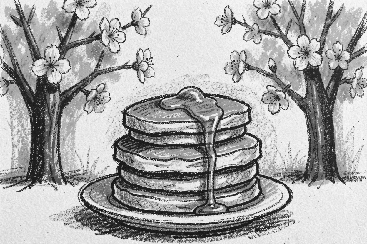 A stack of golden pancakes drizzled with syrup, beneath blossoming trees in full bloom.