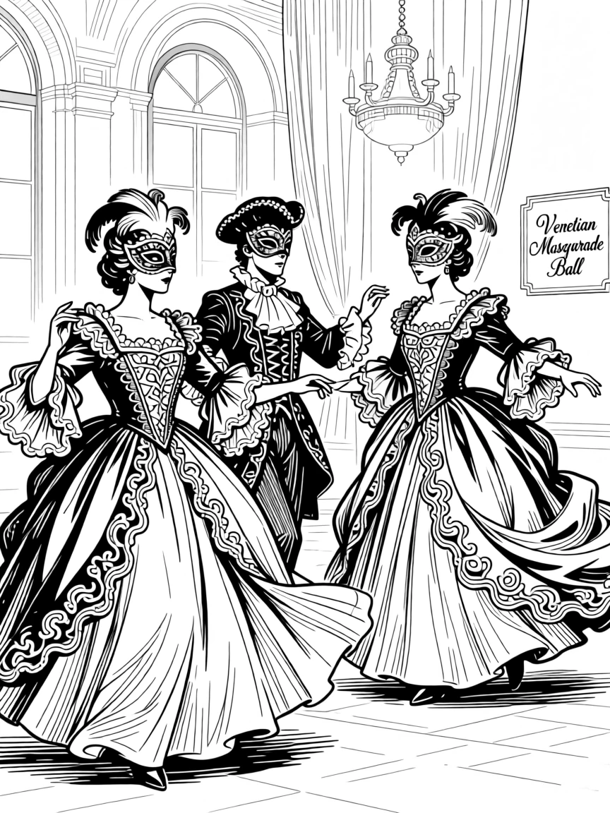 A colorful Venetian masquerade ball with elaborate masks and flowing gowns.