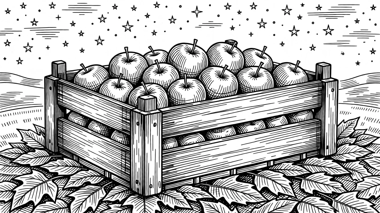 A harvest of apples in a wooden crate beneath a sky full of summer stars, with the rich texture of fallen leaves underfoot, capturing a quietly joyful seasonal moment.