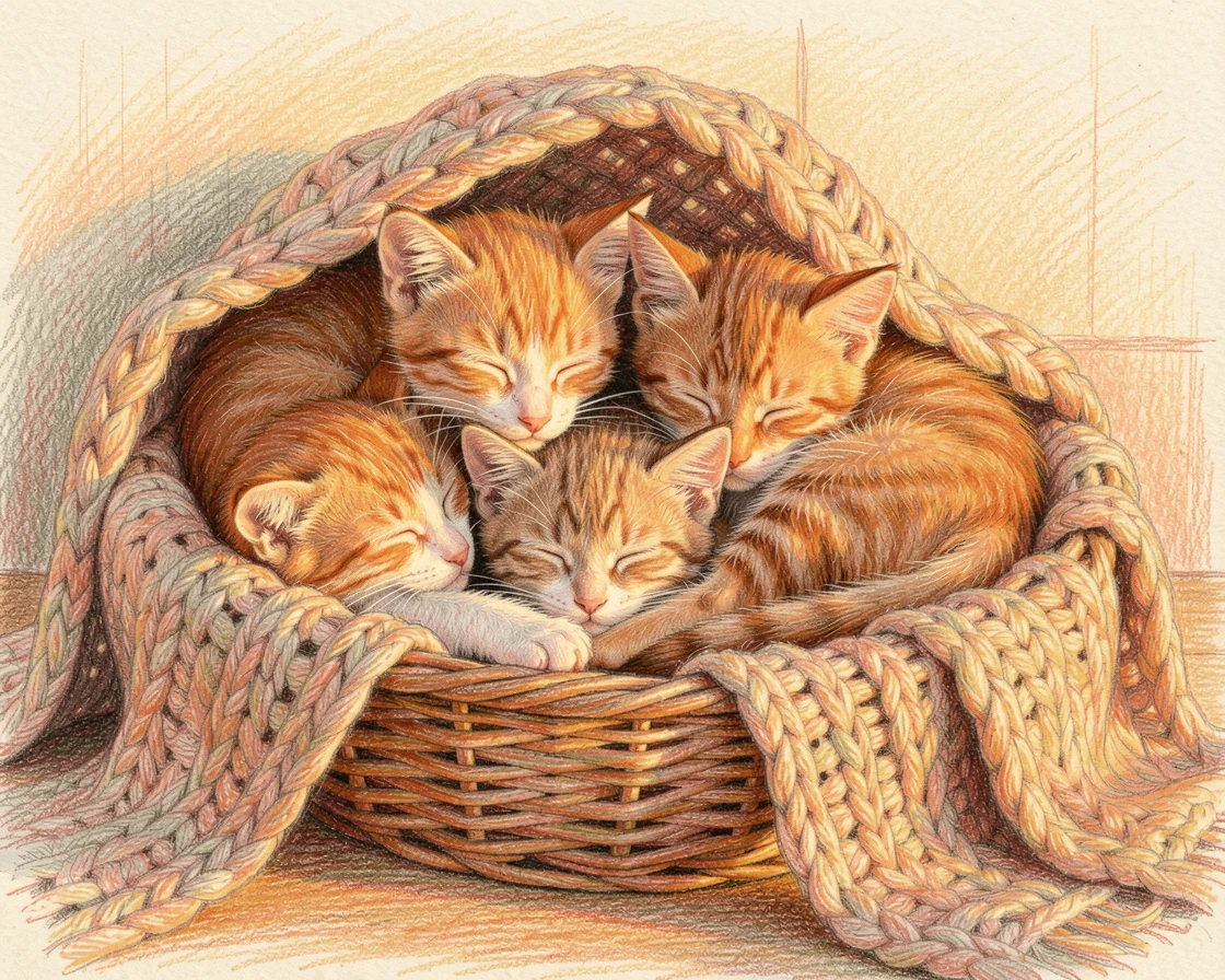A basket of kittens sleeping together beneath a knitted blanket, bathed in the warm glow of golden-hour light, capturing a quiet story that lingers with the viewer.