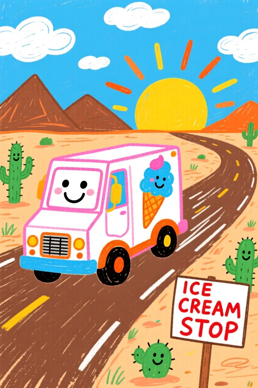 A cheerful ice cream truck racing along a desert highway at sunrise.