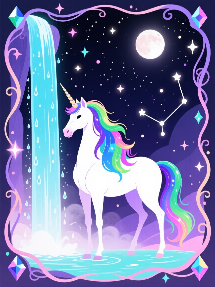 A unicorn with a shimmering mane standing beside a moonlit waterfall, set against a starry night sky filled with soft color, framed with a whimsical, imaginative composition, with rich jewel tones that evoke wonder and imagination.