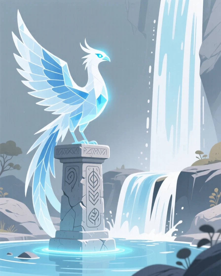 An ice phoenix guarding an ancient relic near an enchanted waterfall.