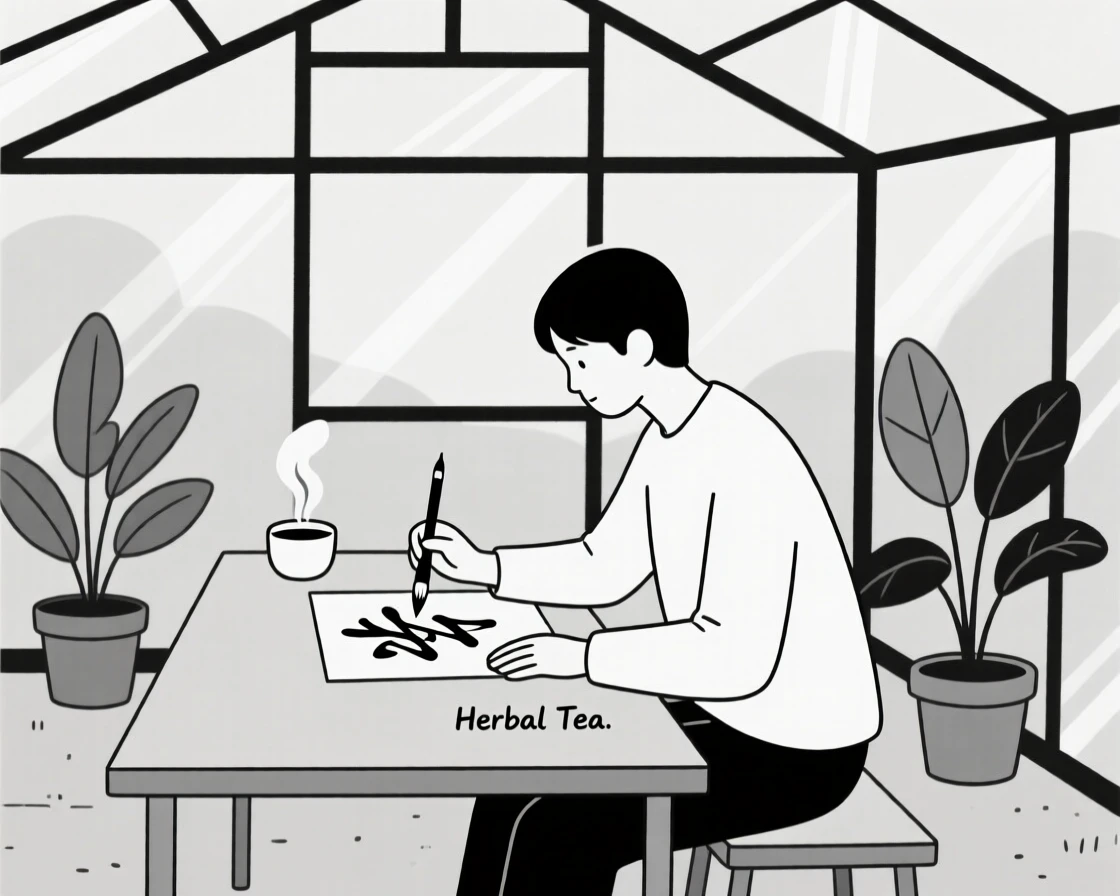 A person practicing calligraphy in a garden greenhouse, surrounded by a cup of herbal tea, showing peaceful absorption.