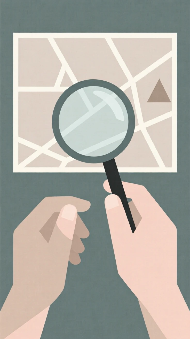 A pair of hands holding a magnifying glass over a map