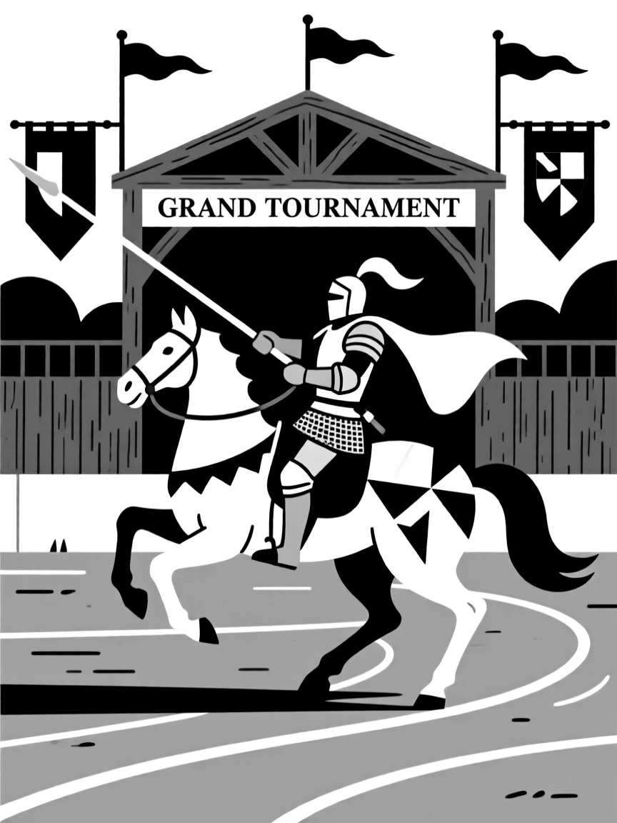 A medieval knight jousting at a grand tournament.