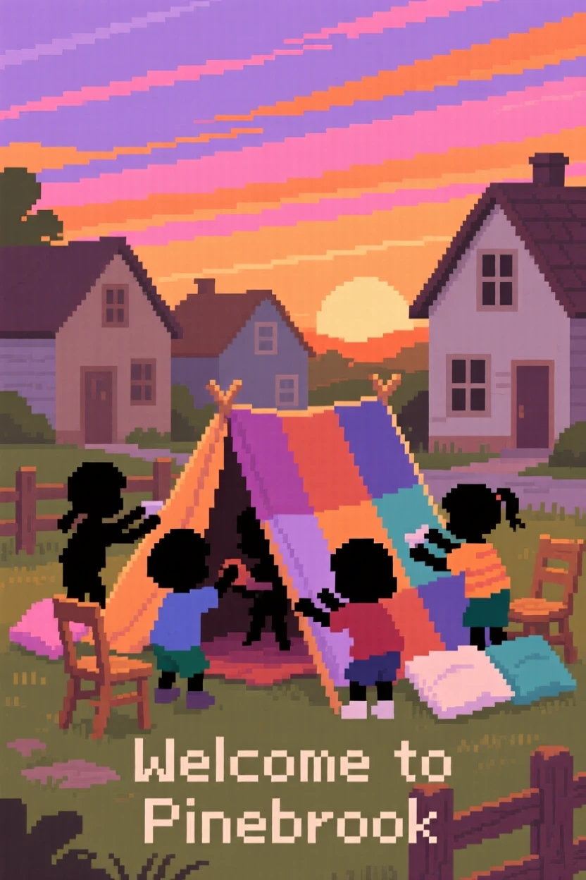 A group of children building a blanket fort under a sky streaked with the colors of dusk, in a small countryside town at sunset.
