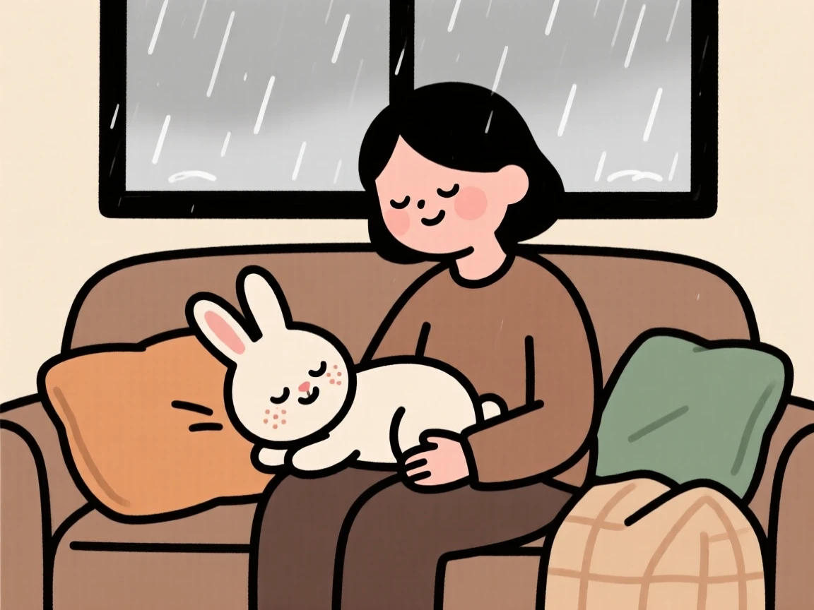 A gentle rabbit rests its head on its owner's lap during a quiet rainy morning on the couch, both perfectly content.