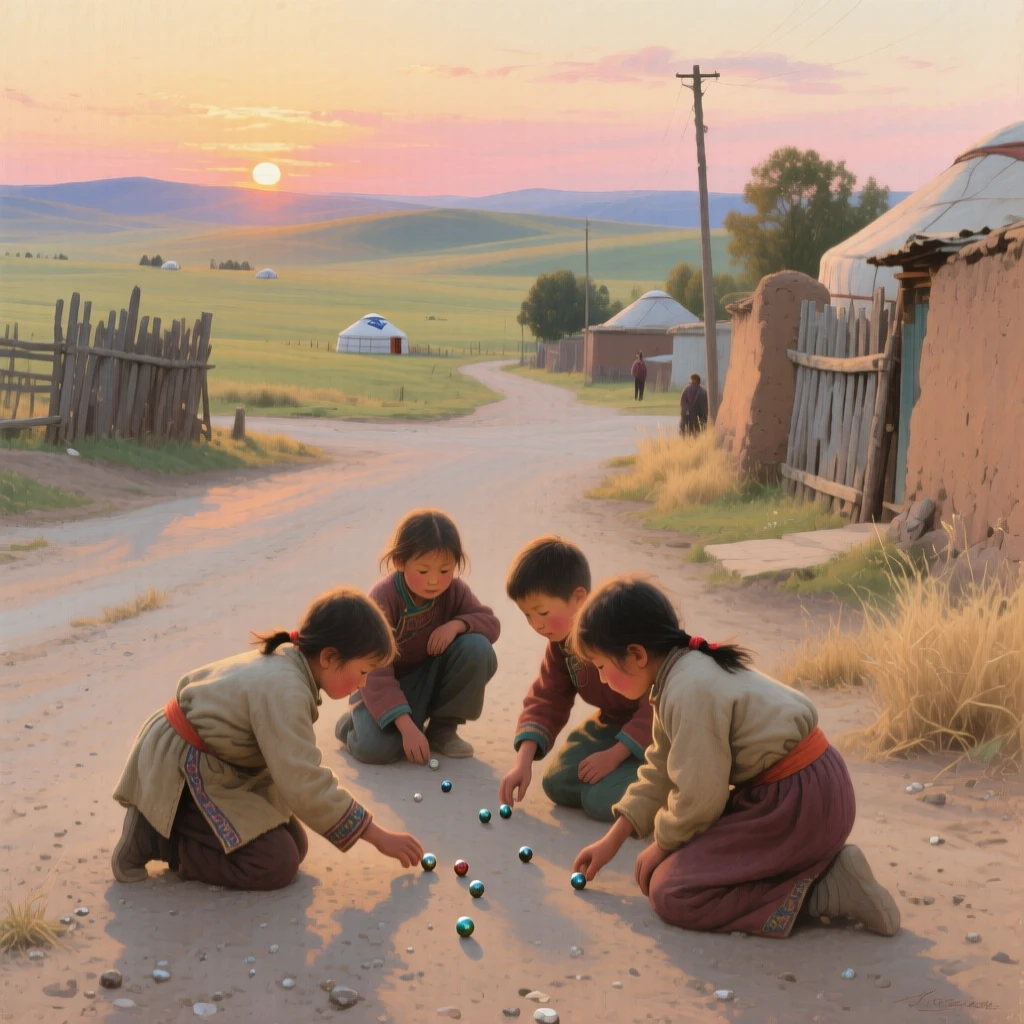 A sweeping wide shot of children playing marbles on a dusty village street, in the Mongolian steppe, in the last light of sunset.