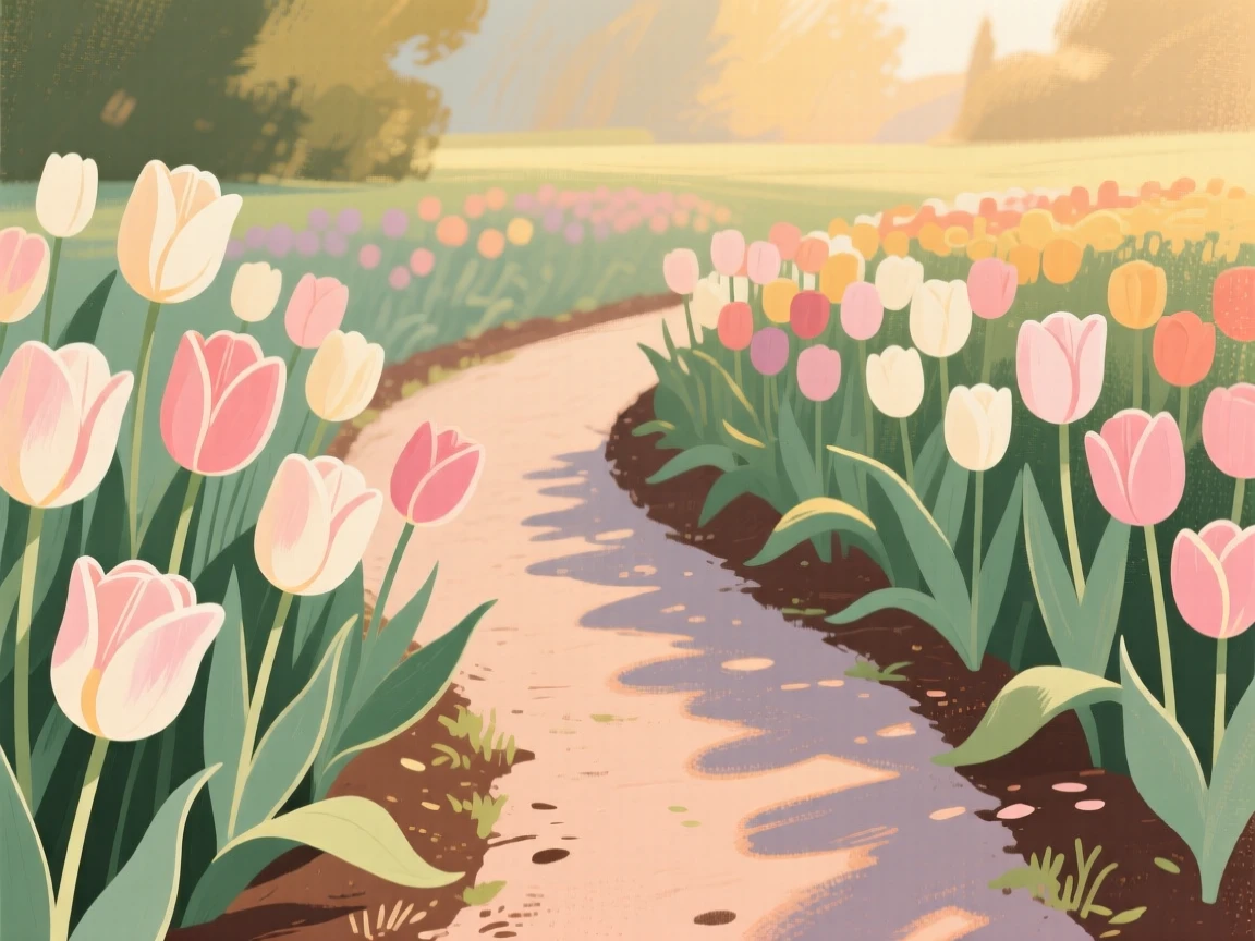 A garden path lined with blooming tulips in every color