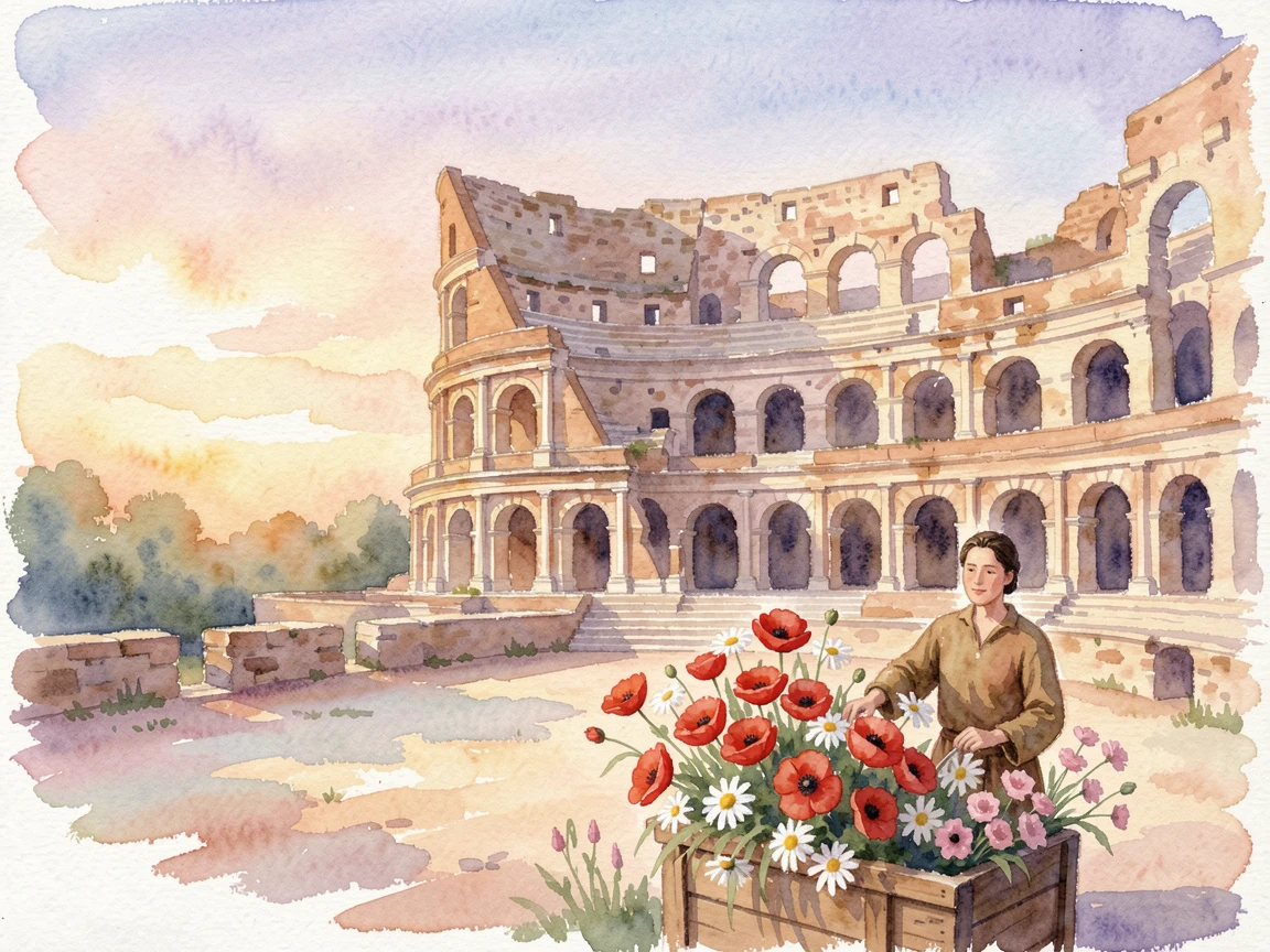 An ancient amphitheater bathed in evening light at sunrise with a local vendor selling fresh flowers.