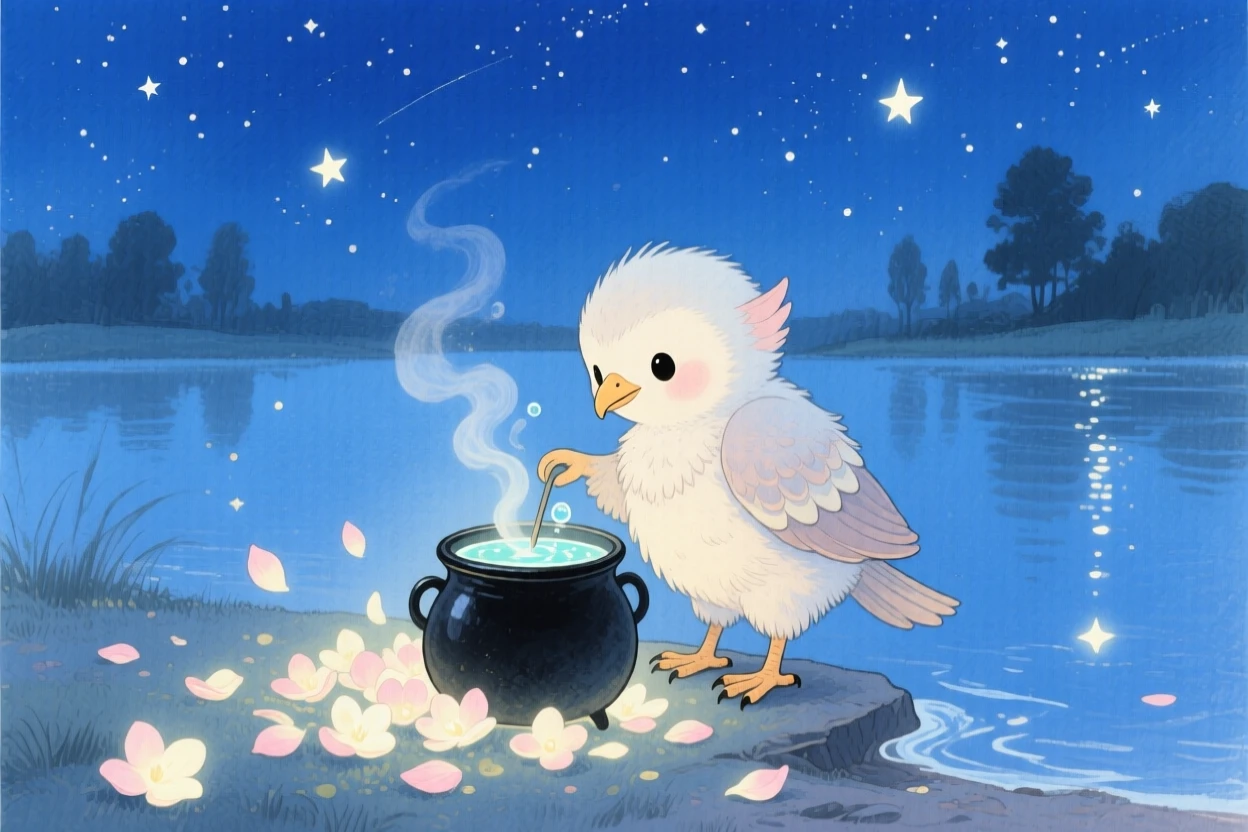 A tiny baby griffin stirs a bubbling potion in a tiny cauldron in a starlit lakeshore, surrounded by softly glowing petals