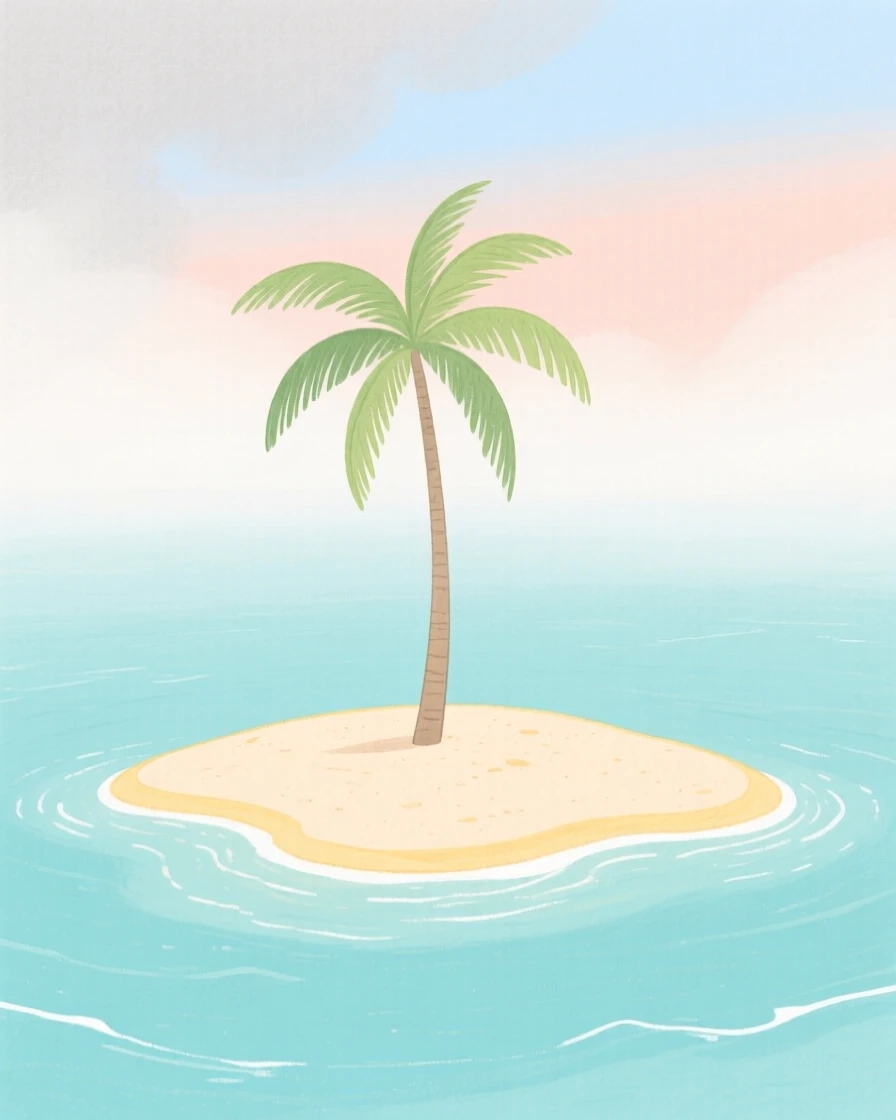A tropical island with a single palm tree, peaceful and vast, under a soft blanket of fog.