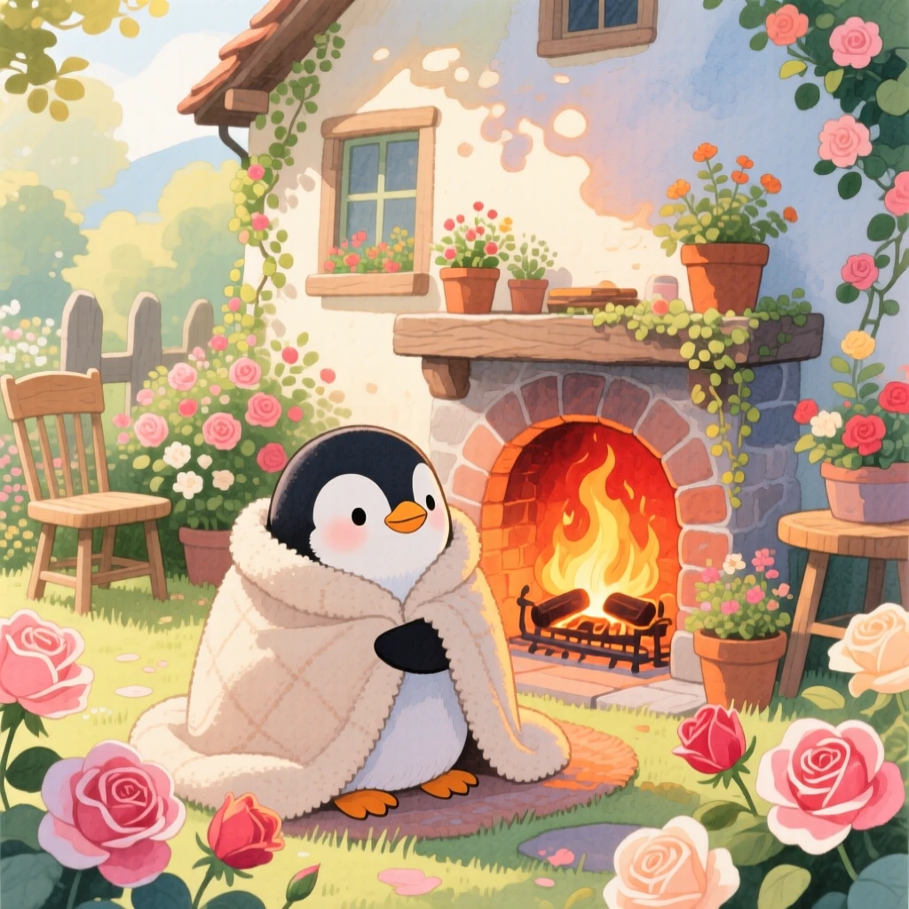 A baby penguin snuggling under a cozy blanket by a fireplace, set in a sunny cottage garden overflowing with roses, radiating pure innocent joy.