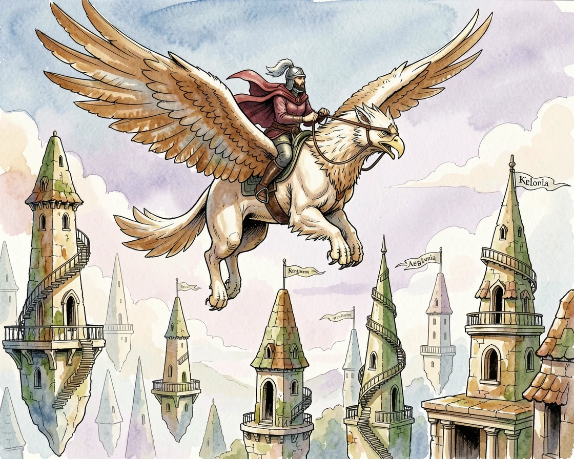 A griffin rider soaring above a kingdom of floating stone spires, an air of wonder and quiet mystery throughout.