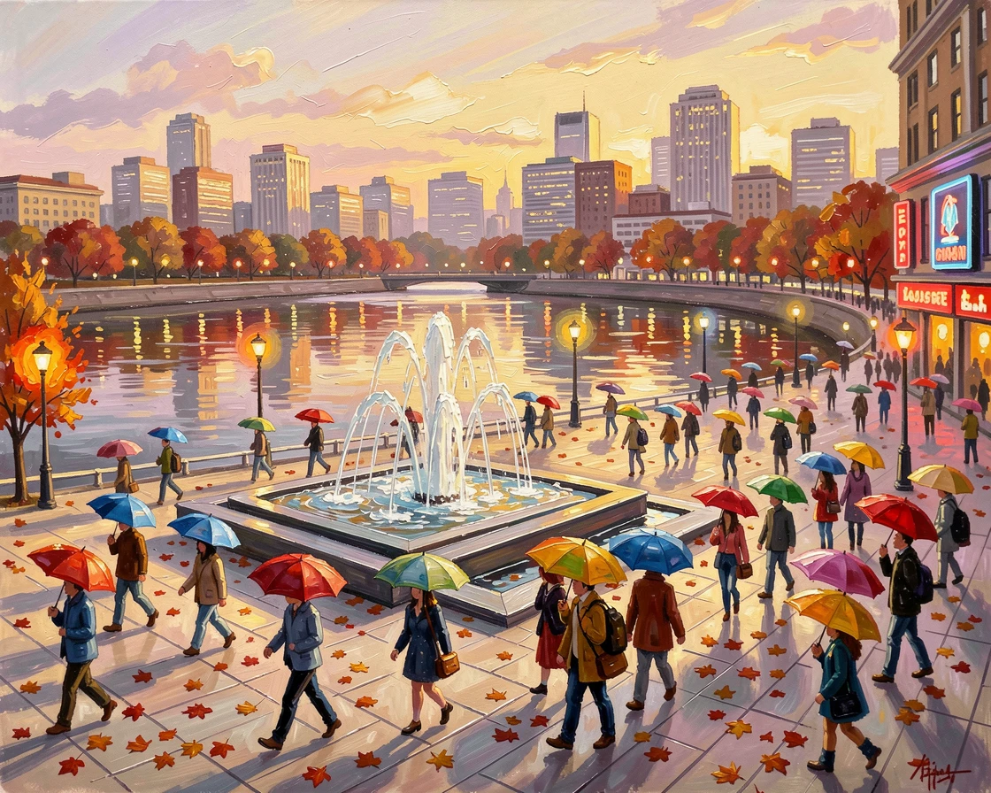 Beside a wide river reflecting the city lights, a busy urban plaza with a modern fountain, pedestrians hurrying past beneath colorful umbrellas, during a golden autumn evening, leaves scattered along the sidewalks.