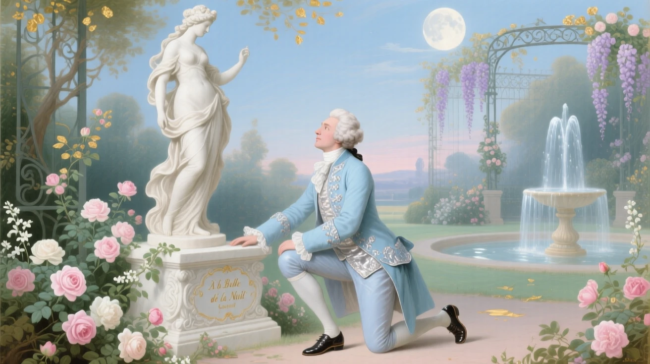 A gentleman proposing beside a moonlit garden statue  