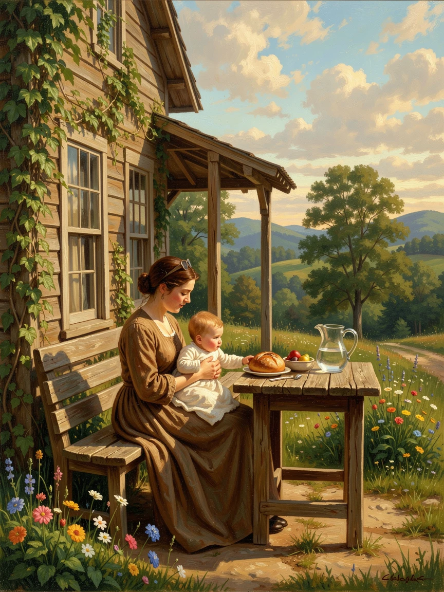 A mother and her baby shares a meal beside a sunlit farmhouse porch on a quiet Sunday afternoon.