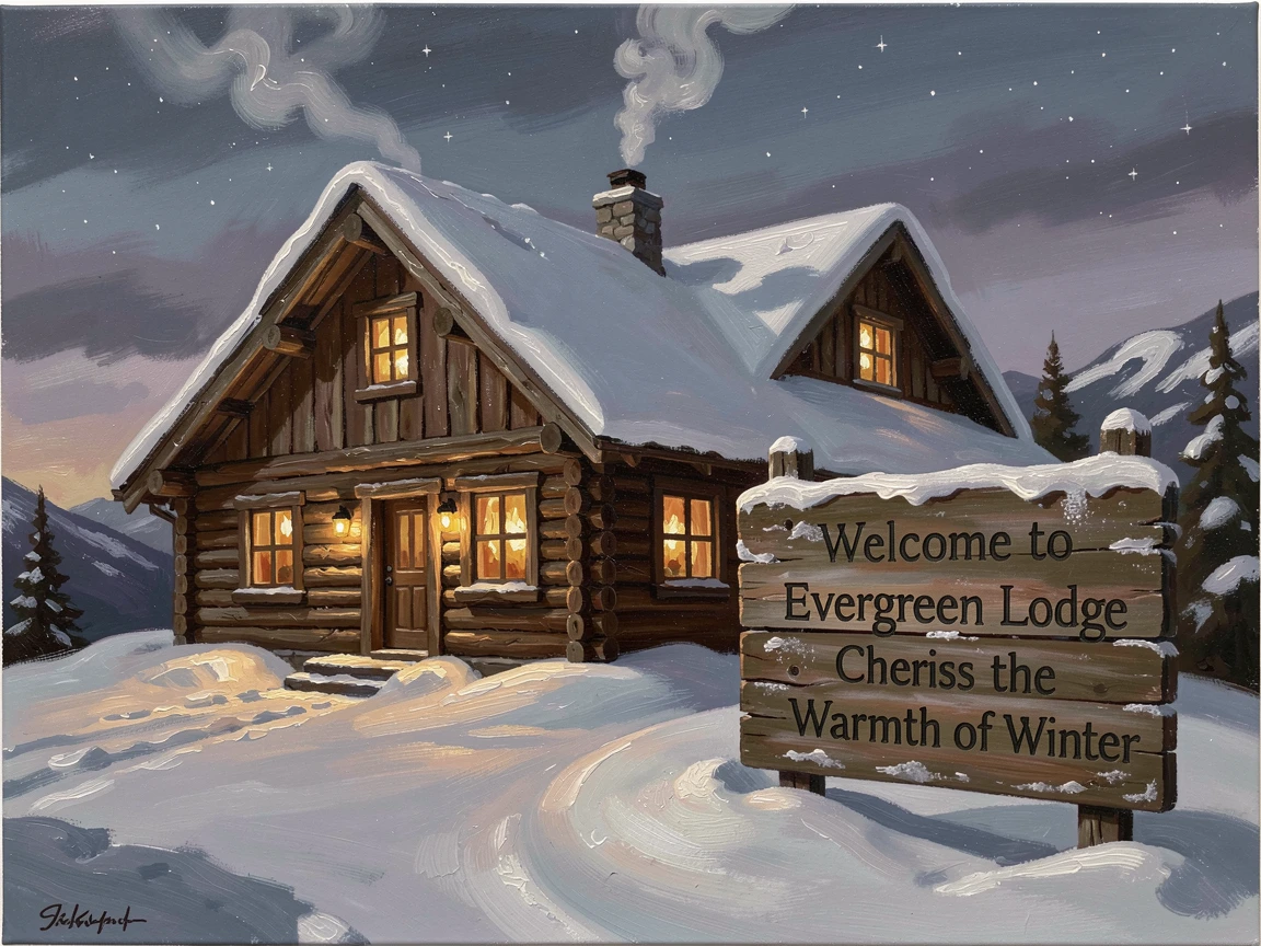 A snow-covered mountain cabin with smoke curling from its chimney at dusk, as golden or twinkling light creates a magical atmosphere, evoking cherished holiday memories and nostalgic feeling