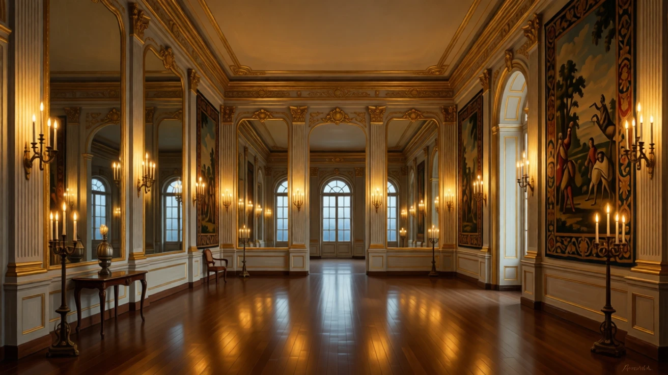A grand ballroom with mirrored walls multiplying candlelight endlessly holding the quiet grandeur of a bygone era, set within a private estate untouched by passing time, with rich tapestries depicting scenes of hunts and festivals; warm interior light contrasts with cool light spilling in from outside, filled with hushed splendor and architectural harmony.