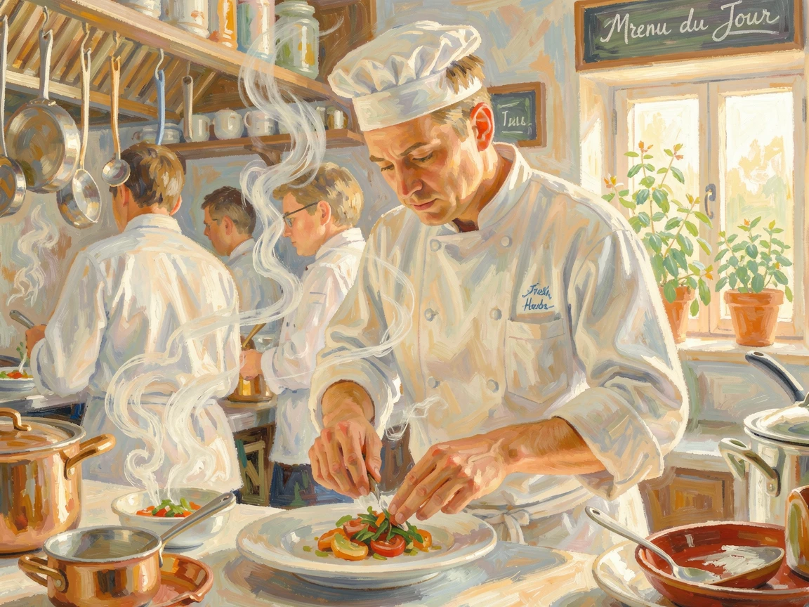 A chef garnishing a dish in a bustling kitchen, steam rising around focused, skilled hands, radiating serenity and gentle stillness.