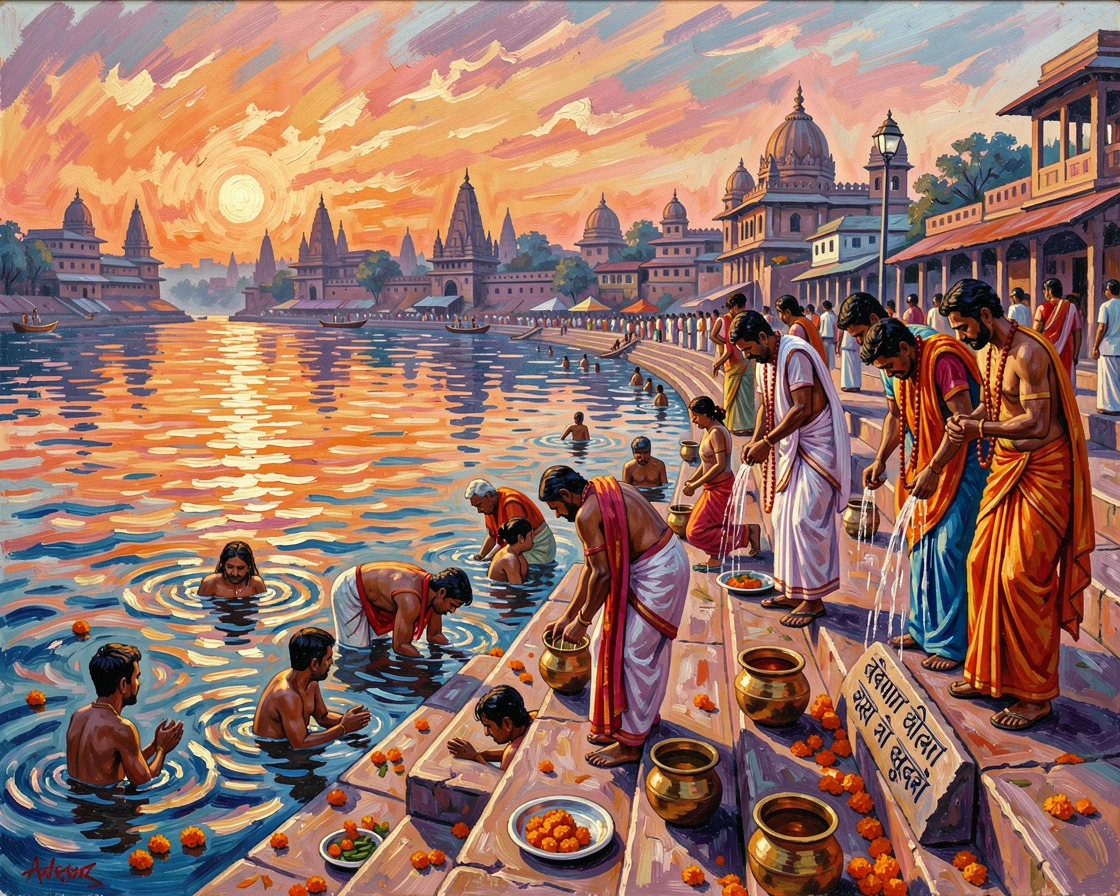 Pilgrims washing in the sacred waters of the Ganges at sunrise in Varanasi.