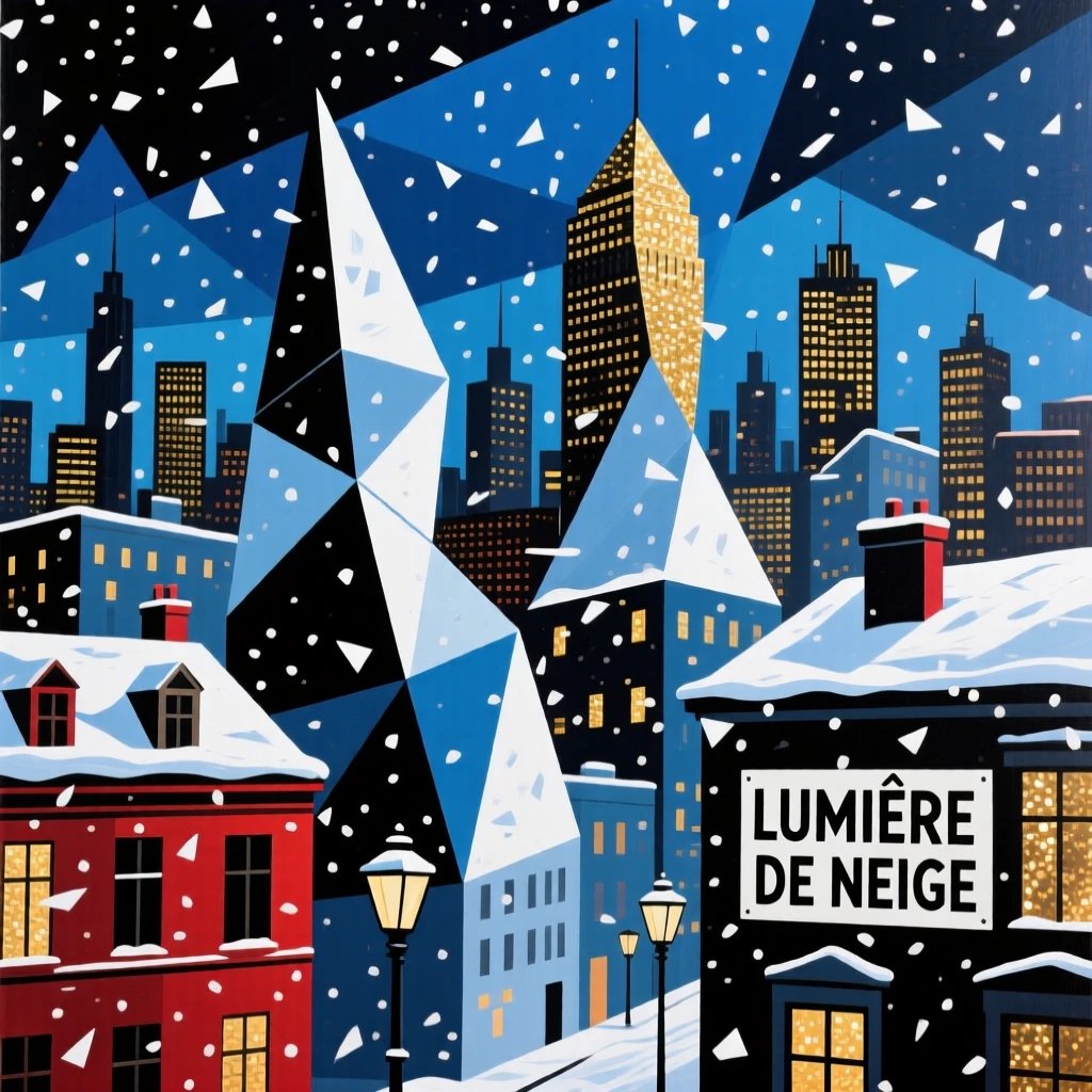 A dramatic atmospheric view of a city skyline glittering beneath a blanket of falling snow.