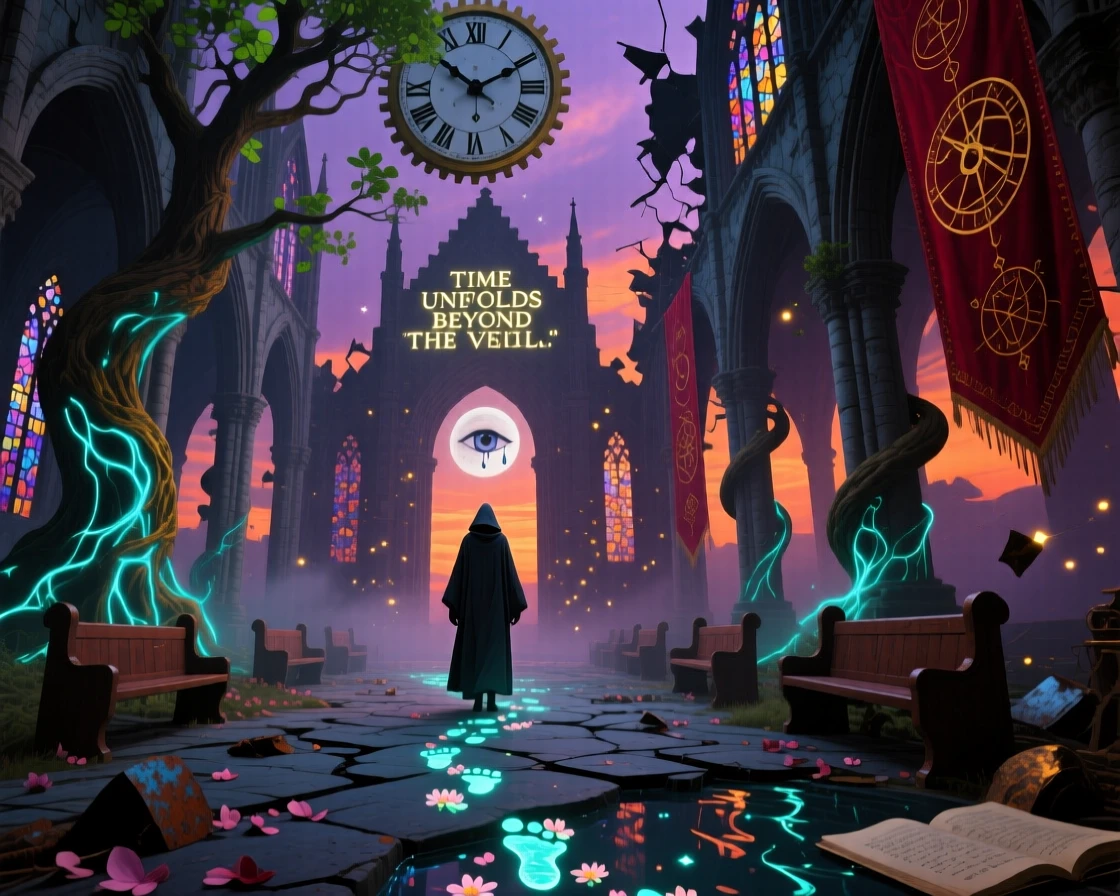 A ruined cathedral with trees growing through its shattered windows glows faintly from within as evening settles over it, while a single figure explores its quiet, echoing halls.