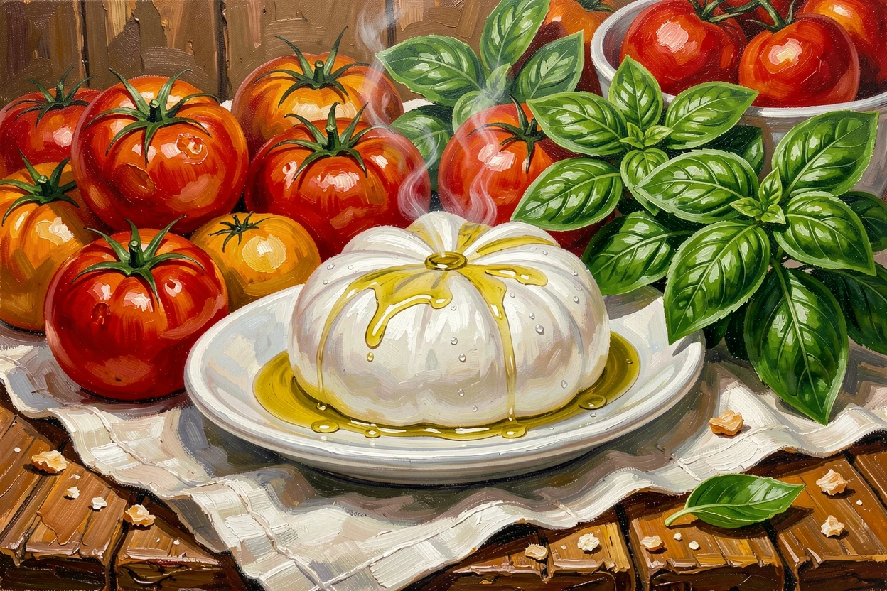 A rustic farmers market table overflows with heirloom tomatoes, fresh basil, and burrata cheese glistening with olive oil, steam or condensation visible in small details that suggest the dish was just prepared.