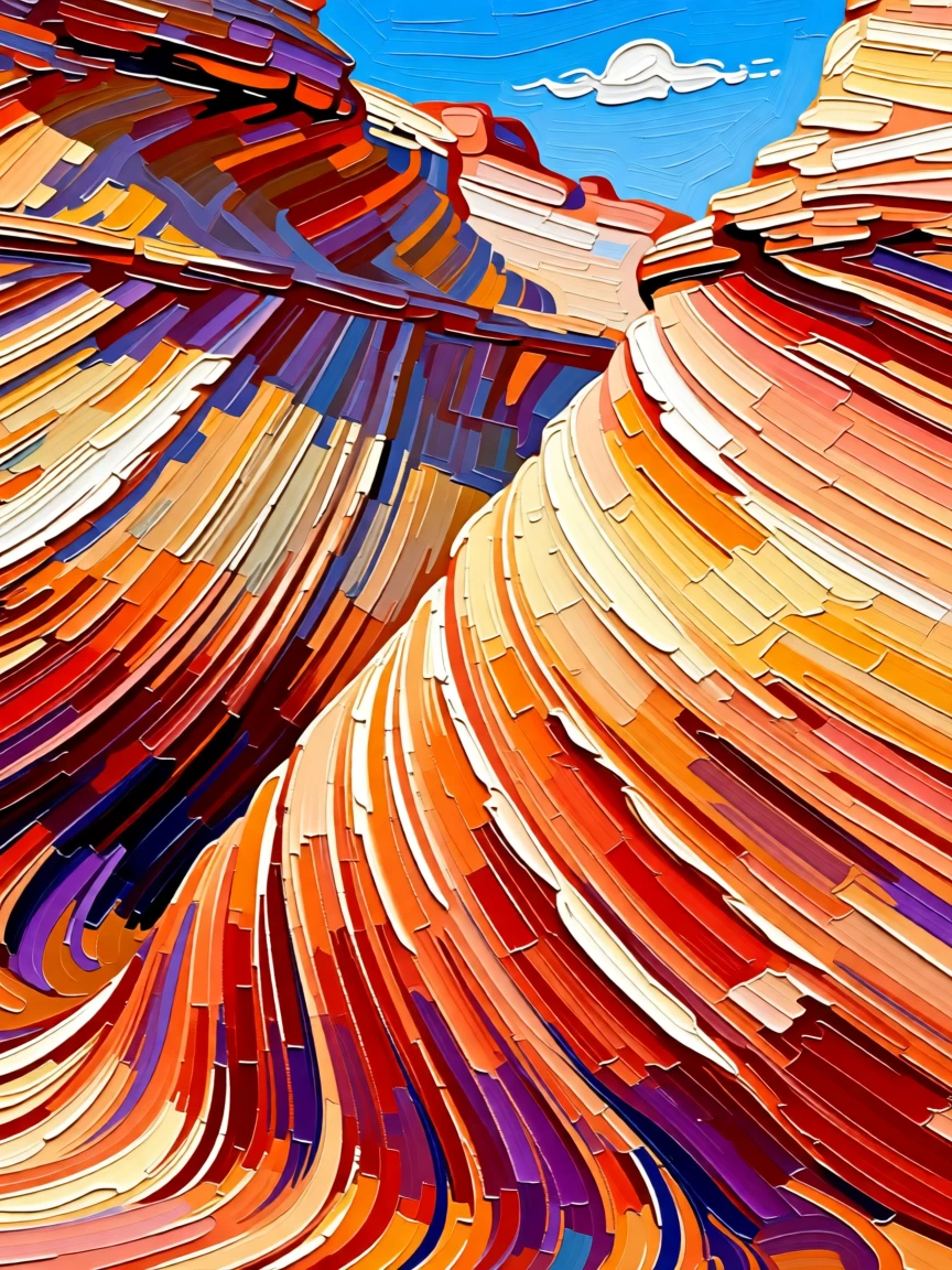 A dramatic view of the Wave rock formation in Arizona, striped sandstone curving like water