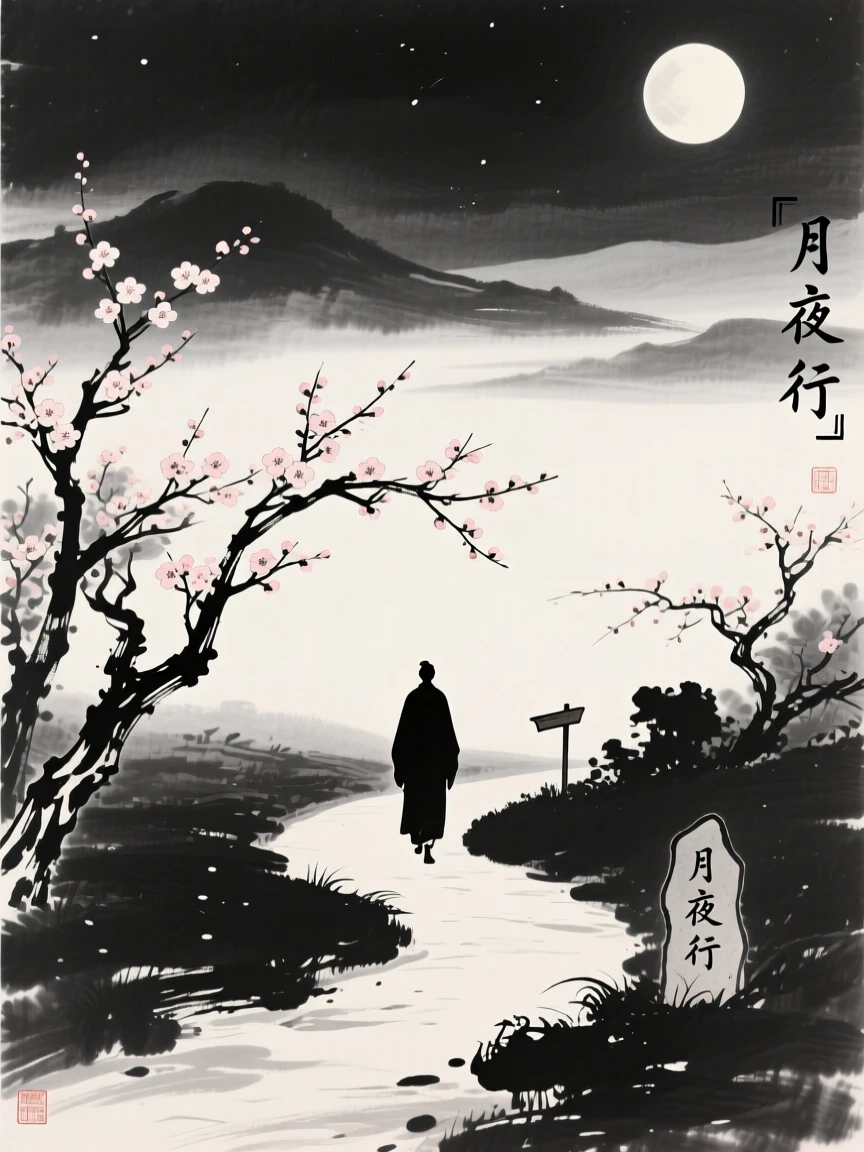 A lone figure walks along a moonlit garden path beneath blossoming trees, with the silhouette of distant hills framing the horizon.