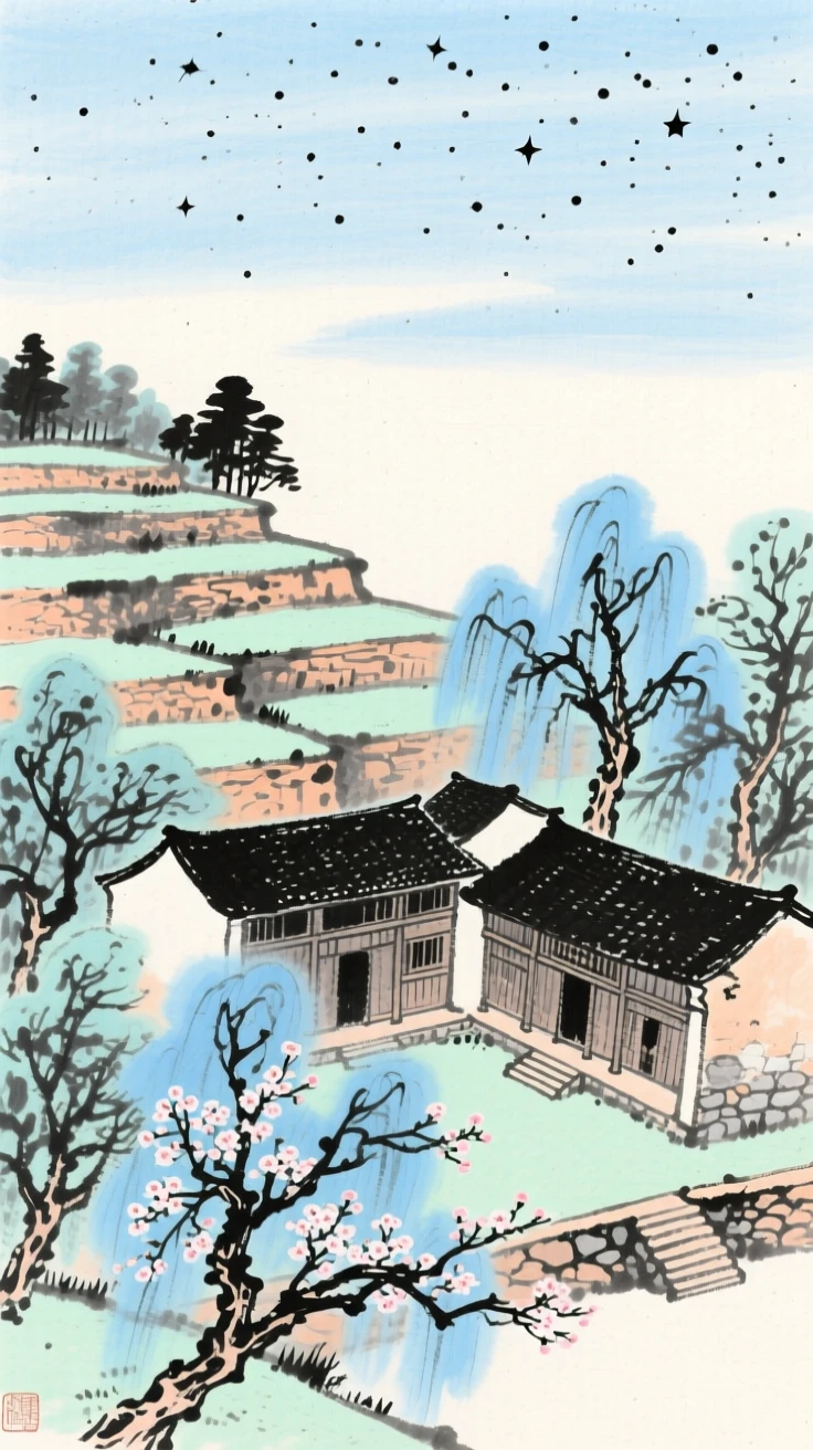 Terraced courtyards of an old family estate framed by garden trees, in a warm breeze carrying the scent of blossoms, under a sky full of stars, filled with tranquil stillness.