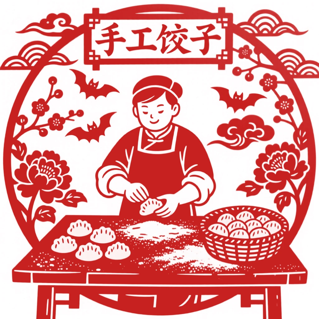 A street vendor, folding dumplings at a flour-dusted table, in a scene of quiet contentment and simple joy.