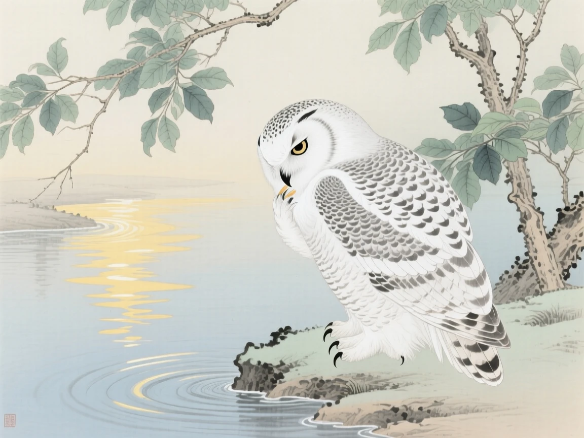 A snowy owl preening its feathers beside a quiet pond, soft morning light filtering through the branches