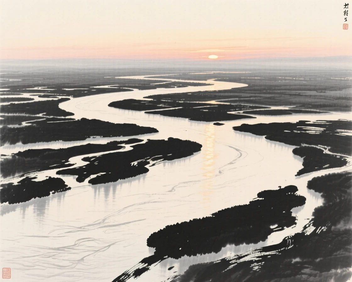 A wide river delta branching into countless quiet channels with the last light of dusk catching the water's surface, composed with wide open space above to emphasize the scale of the sky, carrying a feeling of timeless peace and stillness.