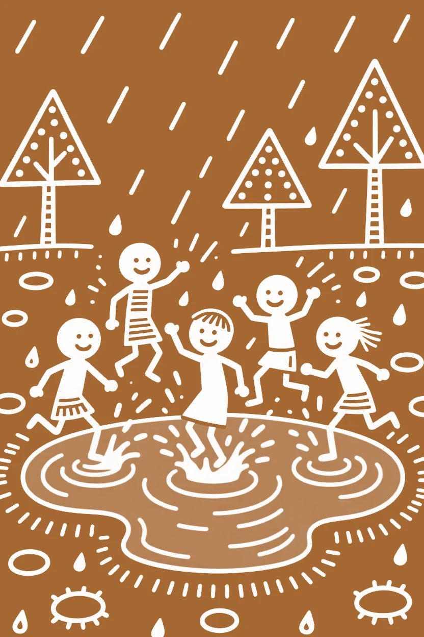 A group of children splashing in a puddle after the rain.
