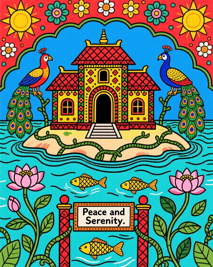 An island monastery rising from calm turquoise waters.