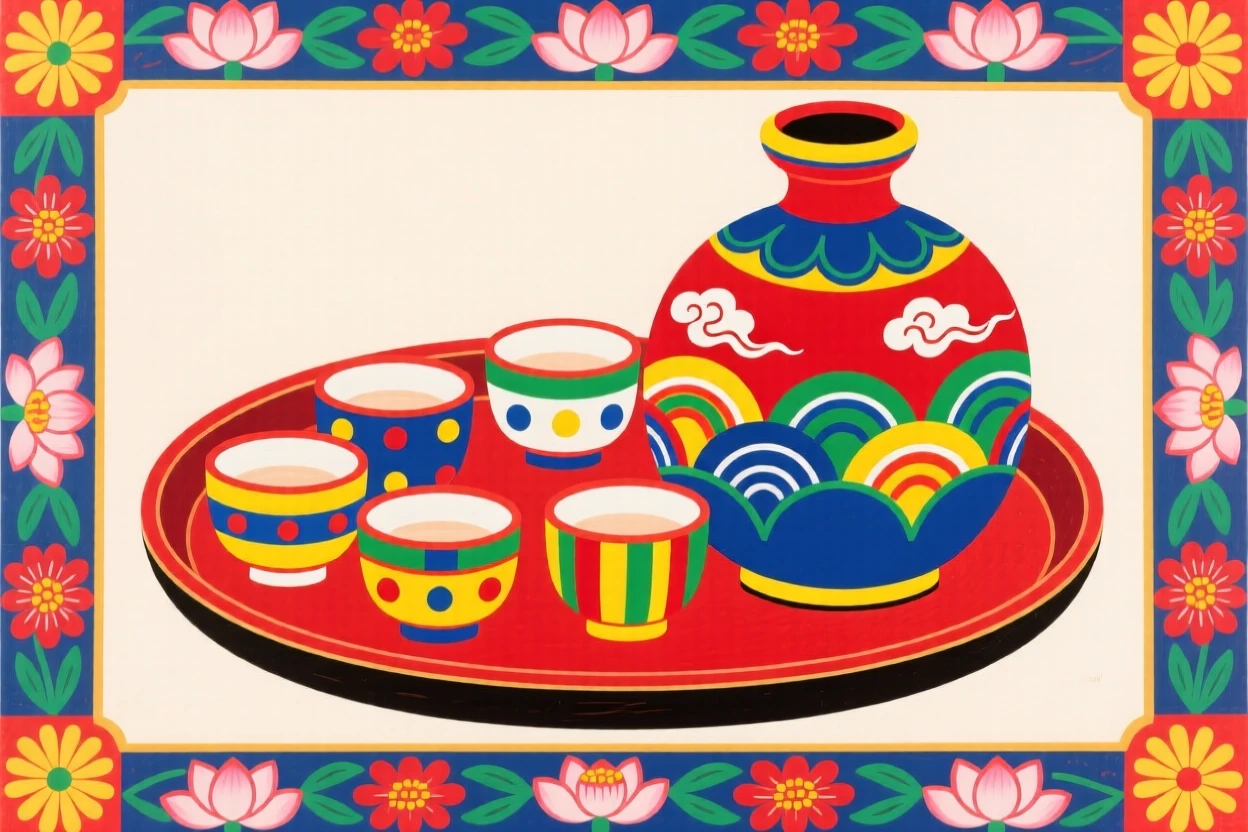 A tray of small rice wine cups beside a ceramic bottle.