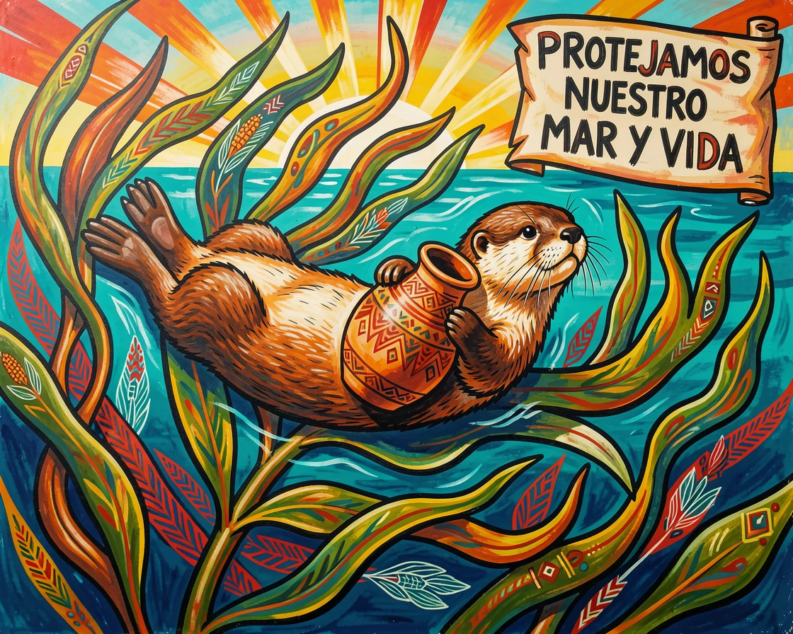 A sea otter floating on its back in a kelp forest