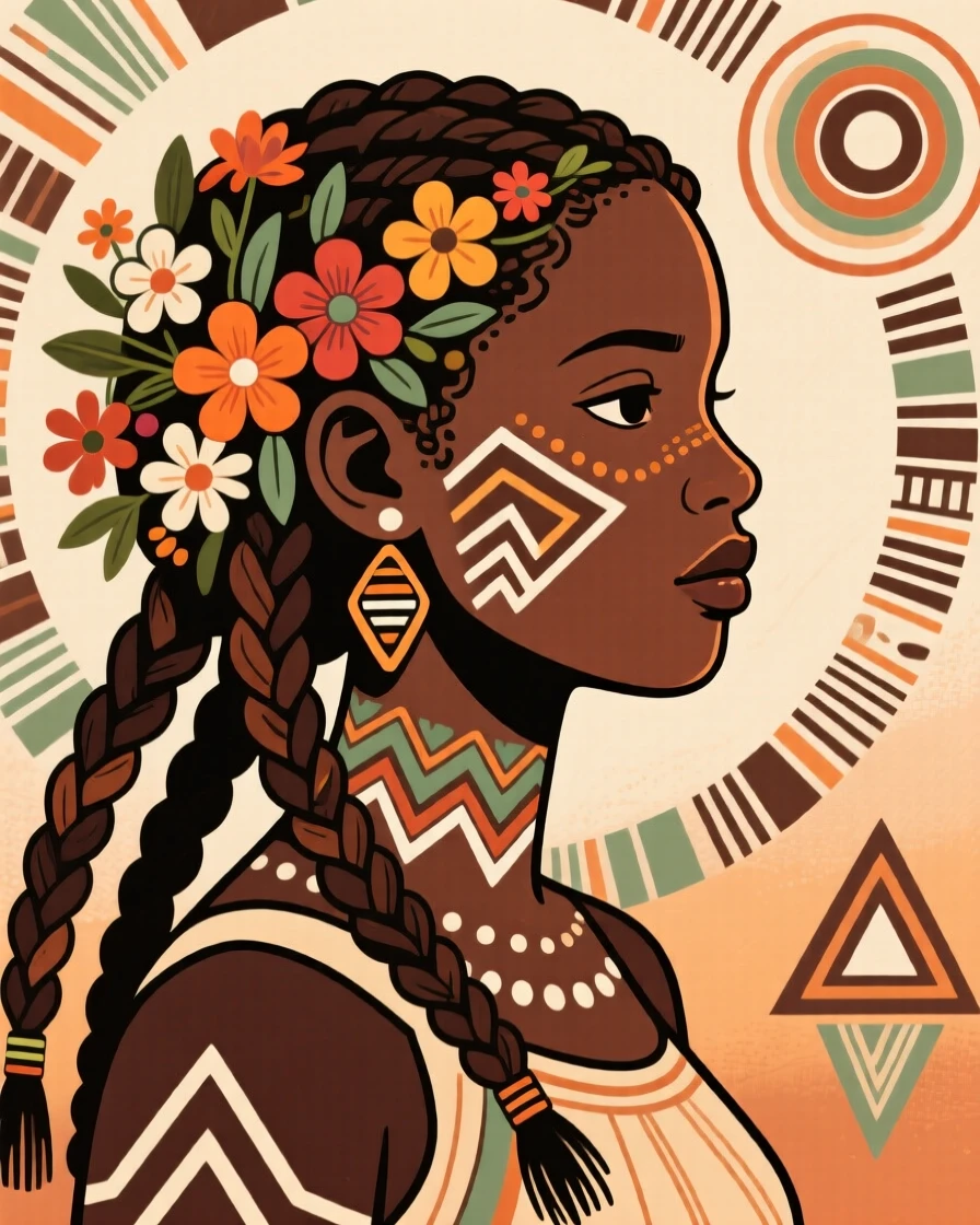 A girl with flowers woven into her braided hair.