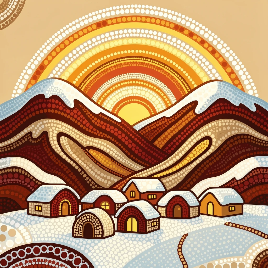 A snowbound mountain village glowing at sunrise