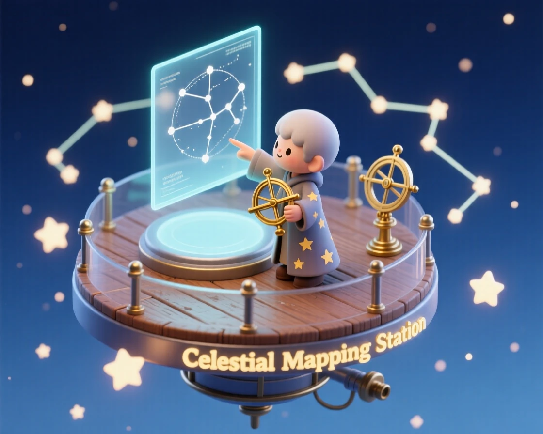 A celestial cartographer mapping constellations from a floating observatory platform among the stars.