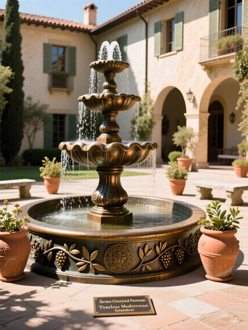 A serene courtyard fountain in a sunlit mediterranean villa, captured with dramatic, sweeping perspective, exuding timeless grandeur
