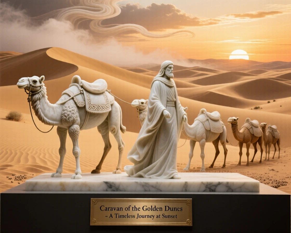 A vivid, emotionally rich scene of a caravan crossing golden desert dunes at sunset, amid swirling clouds and mist, designed to captivate and inspire